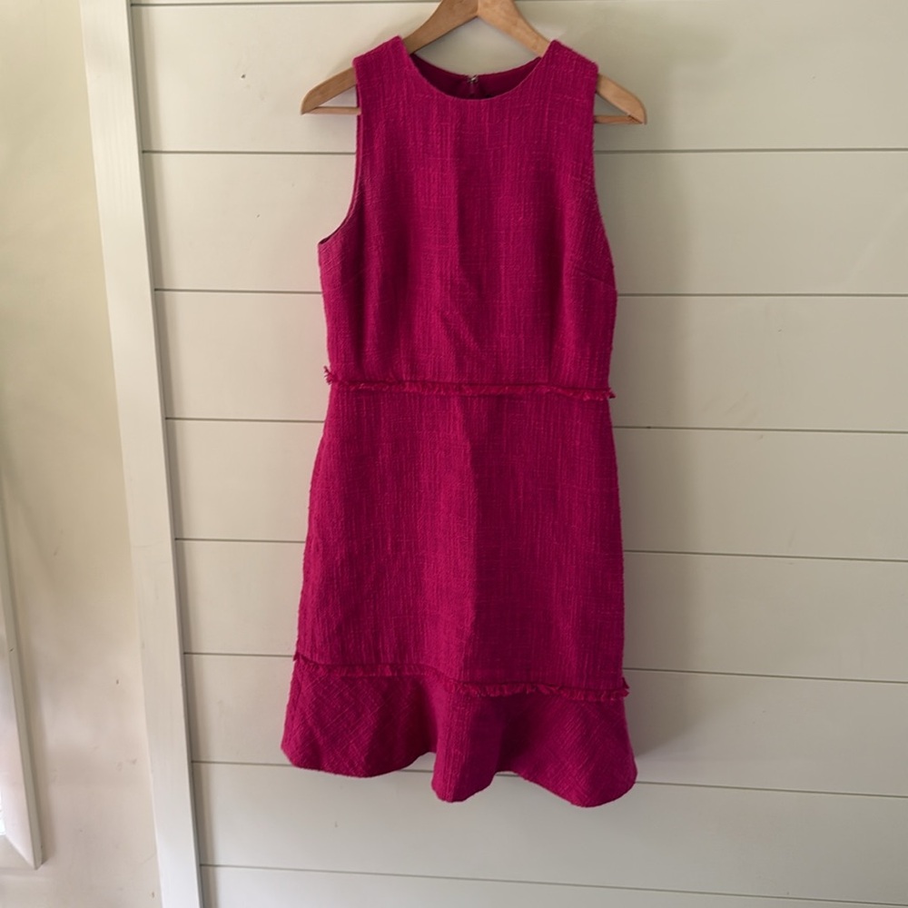 J.Crew Pink Fluted Hem A-Line Fringe Detail Textured Cotton Tweed Dress - 6 - Picture 4 of 10